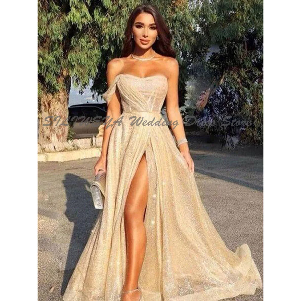 

Shine Off The Shoulder A Line Evening Dresses Women Sleeveless Prom Party Female Gowns Vent Chapel Train Long Tails Sequins