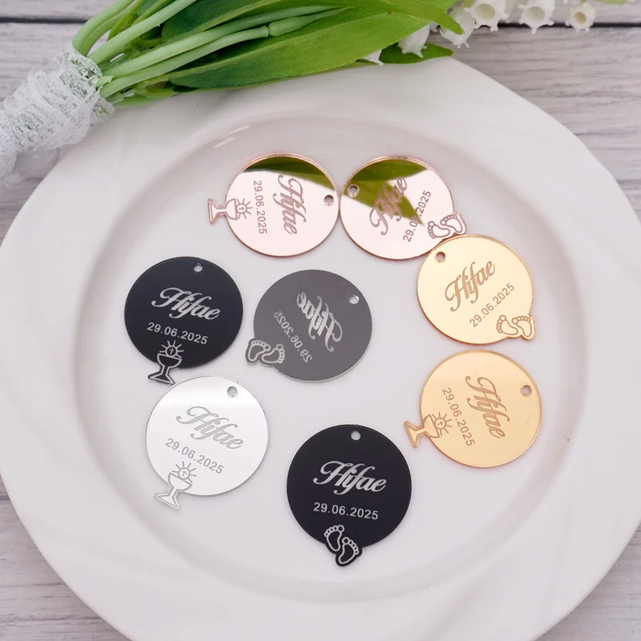 

Personalized Engraved Name Acrylic Round Tag Customized 3 Styles Hanging Decor Baptism Party Guest Gifts DIY Accessory 4x3.5cm