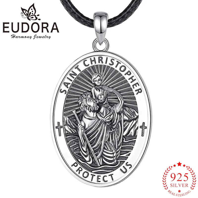 

Eudora 925 Sterling Silver Saint Christopher Necklace Cross Amulet Pray Us Pendant Catholic Jewelry Religious Gift for Men