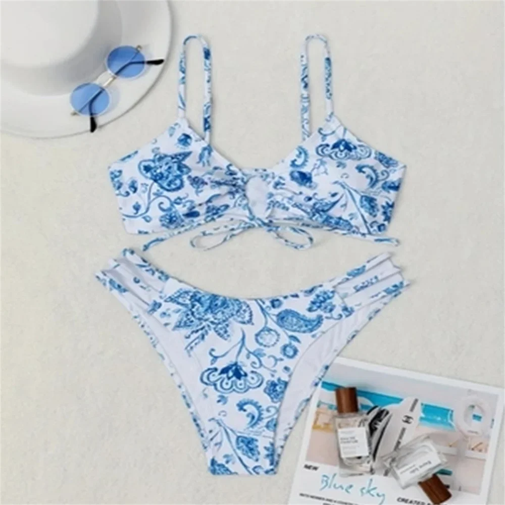 

Sexy String Bikini Thong Hollow Out Sling Swimsuit Push Up Vintage Print Vacation Swimwear Women Bathing Suit Thong Beach Outfit