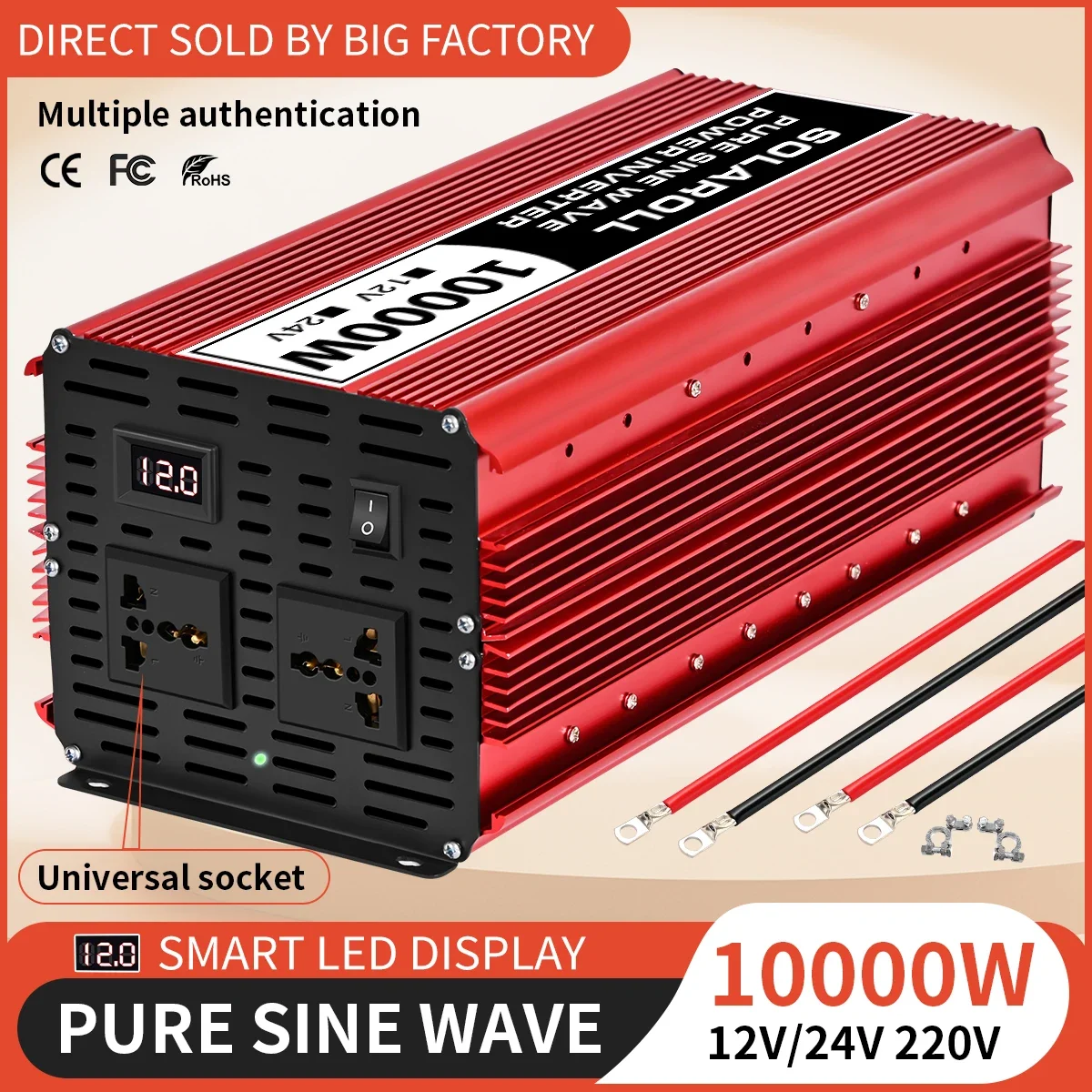 Power Inverter Pure Sine Wave 10000W 8000W 7000W 12V DC to 220V/240V AC Converter with 2AC Outlets And Two Cooling Fans