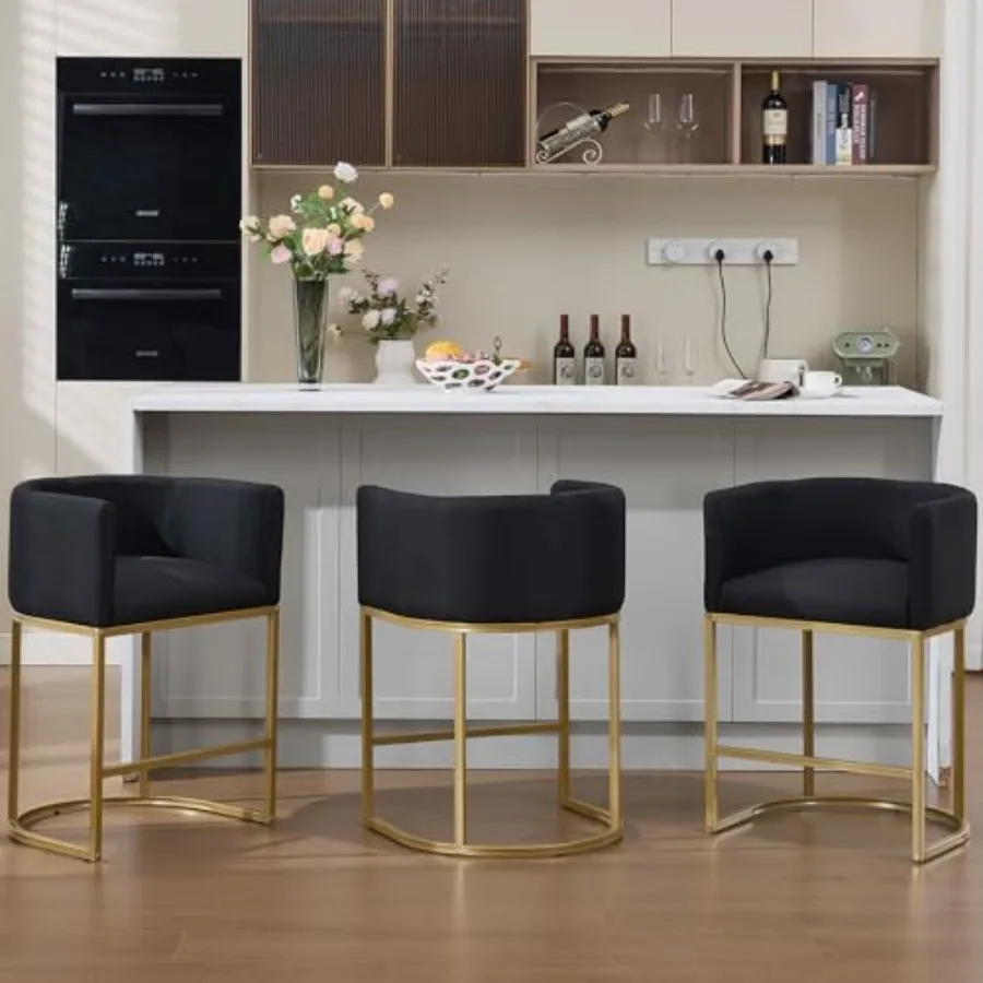 

Gold Bar Stools Set of 3, 25" H Modern Counter Height Bar Stools with Backrest, Linen Fabric Upholstered Bar Stool for Kitchen