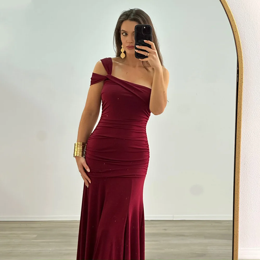 Navy Blue Women Prom Dress Sexy One Shoulder Sleeveless Long Sheath Party Gown Summer Ruffles Formal Red Carpet Robe Skirt