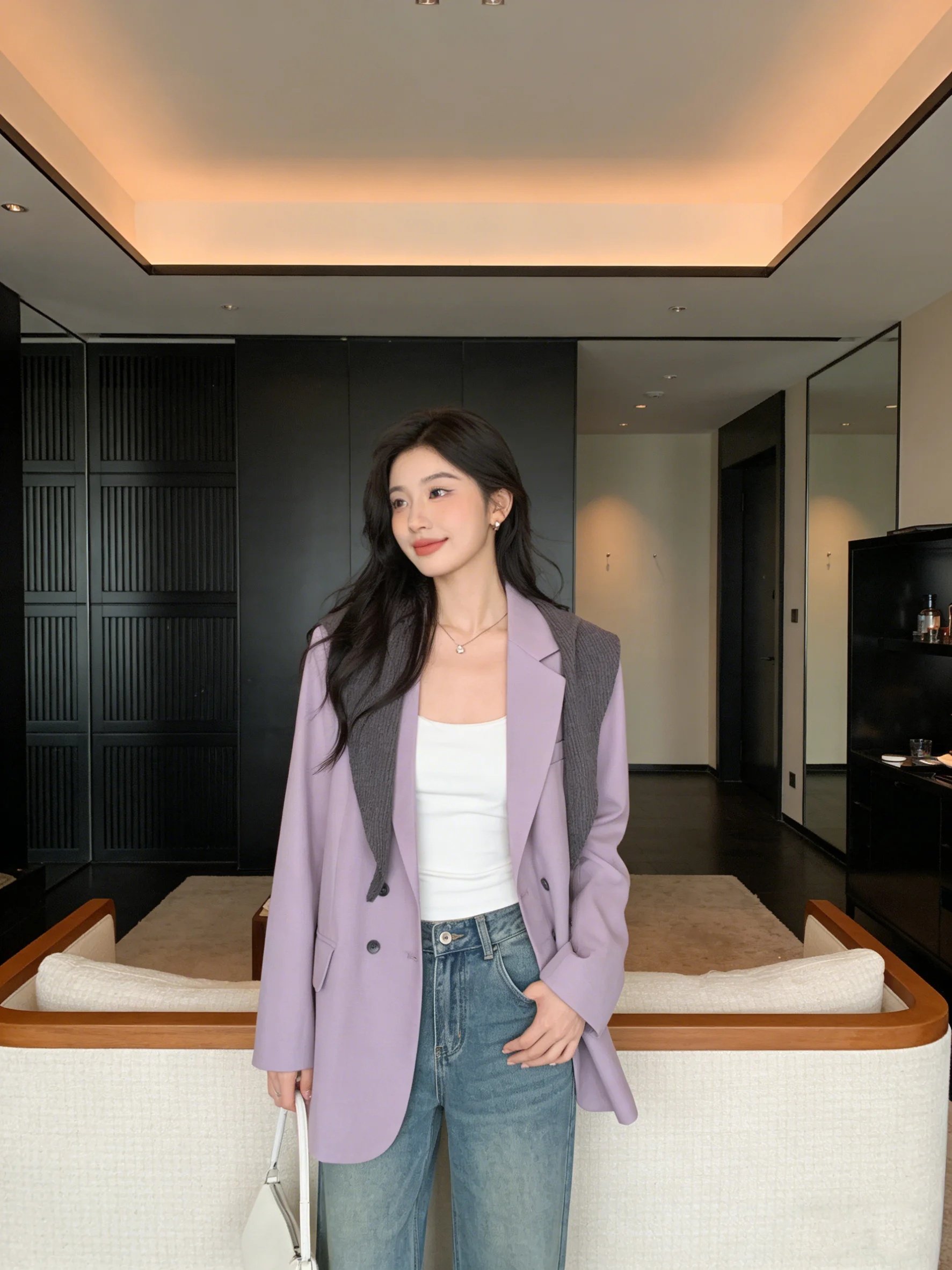 

Ele Purple Knitted Suit Jaet Double Breasted Profional Korean Sle Women's Faion Spring Breathable Stand Fit