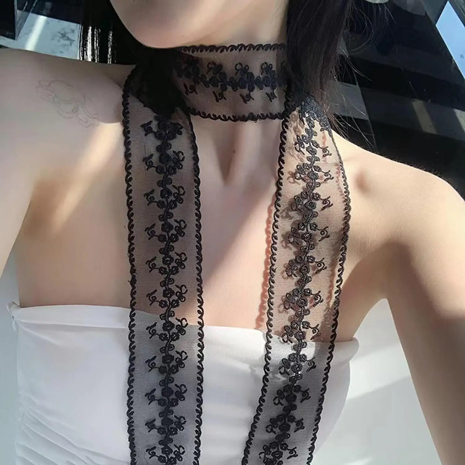 

Women Narrow Long Scarf Elegant Lace Bow Necklace Spring Y2K Decorative Scarf Neck Fashion Long Ribbon Silk Scarf Choker