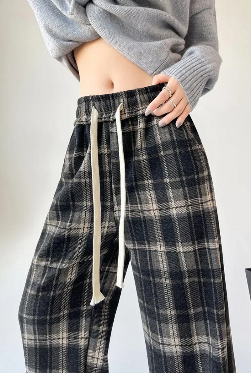 Calça de perna larga xadrez vintage feminina, calça reta de veludo quente, calça casual solta, calça de cintura alta, nova, outono, inverno