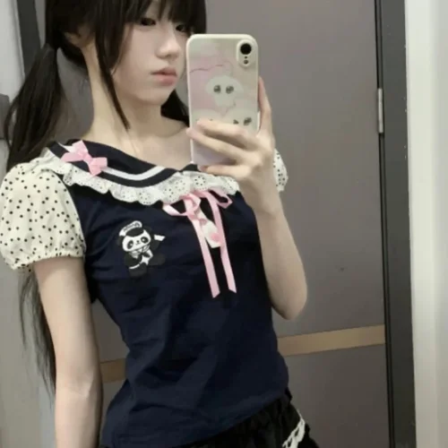 일본 Y2k 레이스 티셔츠 여성용, 카와이 만화 자수 그래픽 티셔츠, 하라주쿠 패션, 캐주얼 활 상의, 귀여운 티 