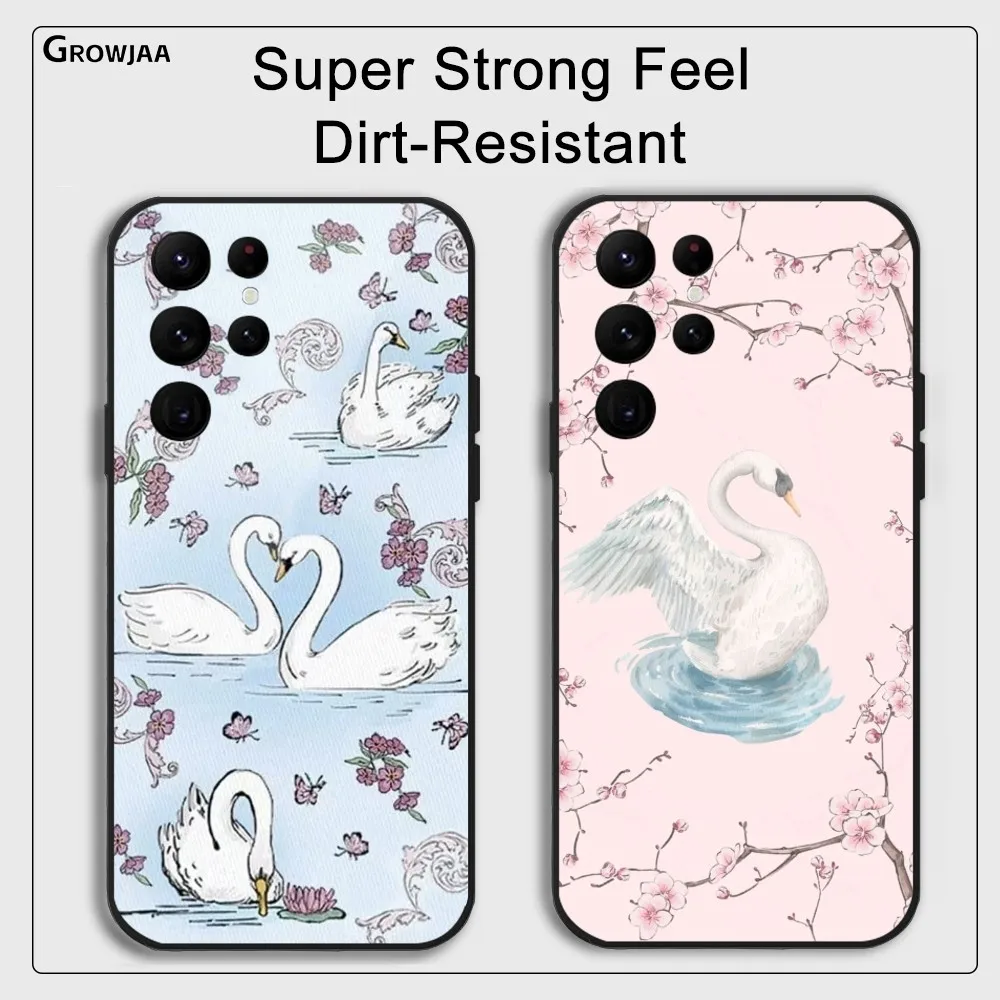 Wildflower Cute Pink Swan Phone Case For Samsung Galaxy S25 S24 S22 S23 Ultra S21 S20 Plus 5G Protective Silicone Funda