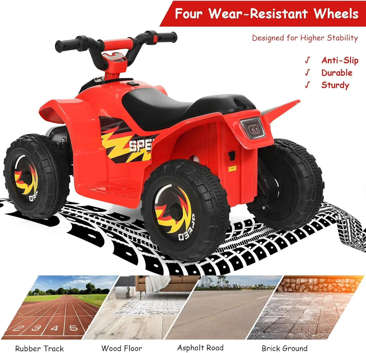 مركبة أطفال، رباعية كهربائية صغيرة مع عجلات مضادة للانزلاق، أربع عجلات تعمل بالبطارية 6 فولت للأولاد مع سرعتين، مفتاح للأمام/الخلف،