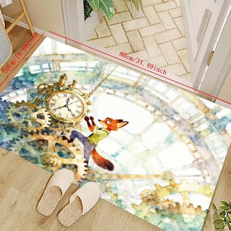 

1PC Whimsical Steampunk Fox & Clock Gears Floor Mat, Watercolor Art Decorative Area Rug for Entryway Bathroom Kitchen, Non-Slip