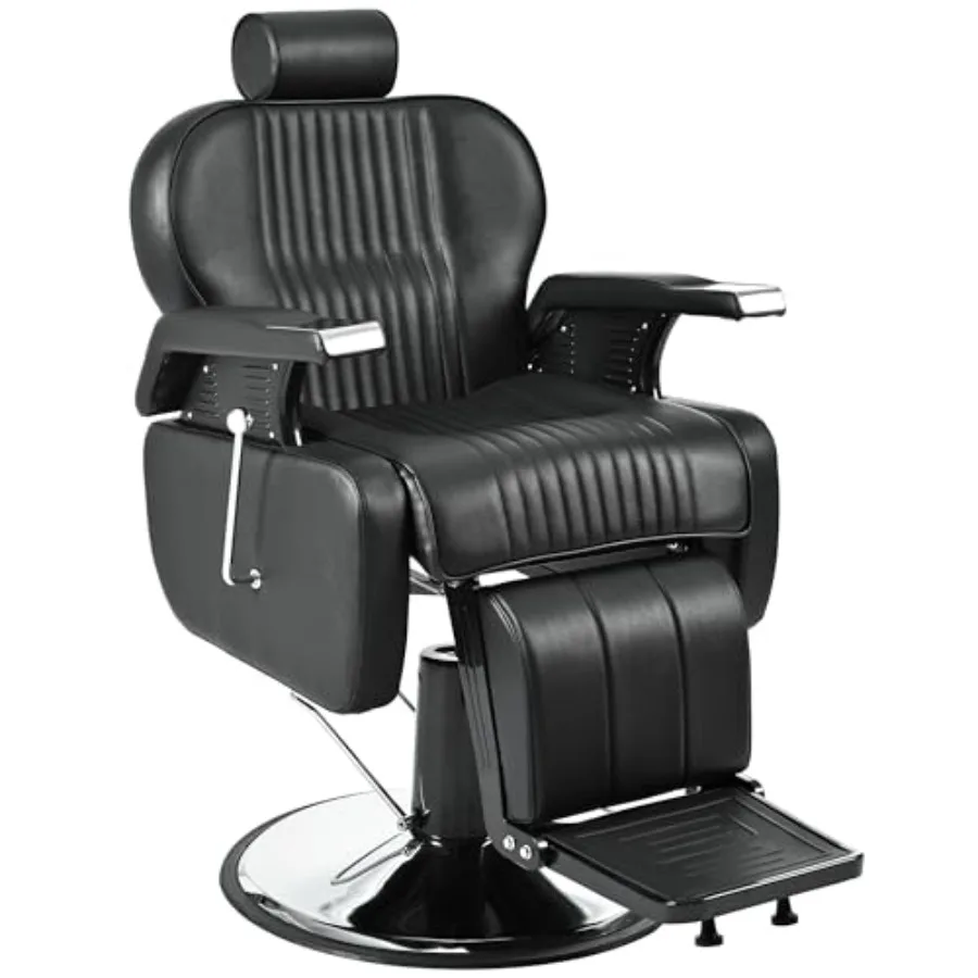 

Professional barber chairs for barbershop use, heavy-duty steel frame, black leather, reclining function with hydraulic pump, 3