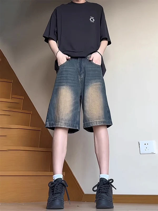 

Мужские укороченные джинсы Slim Fit в винтажном стиле хип-хоп, летние, тонкие, прямого кроя, со средней посадкой, молодежные, повседневные, однотонные