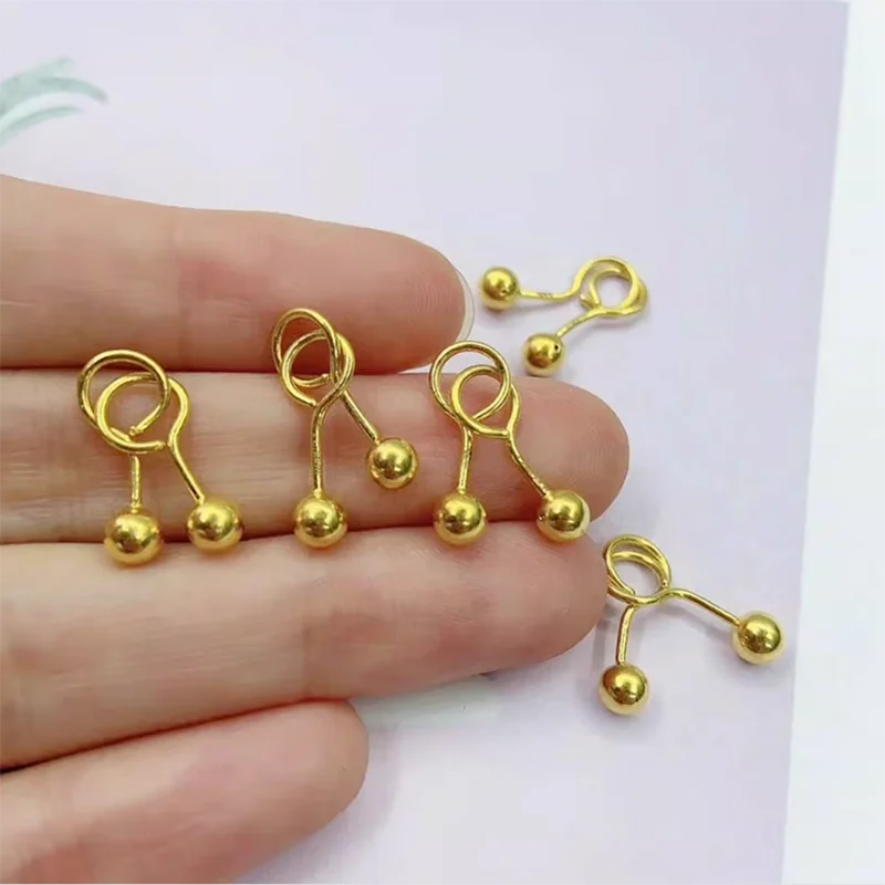 One Pair Pure 24K Yellow Gold Earrings Stud For Women 3D Small Gold Bead 2/3/4/5mm Ball Earrings Hook