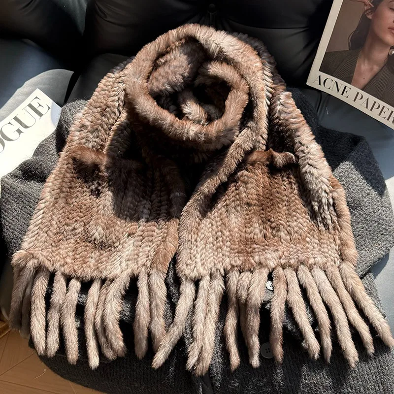 Winter Warmth Real Rabbit Fur Scarf Double-sided Rabbit Fur Braided Fur Shawl Women With Tassel Style Large Scarf Pocket Design