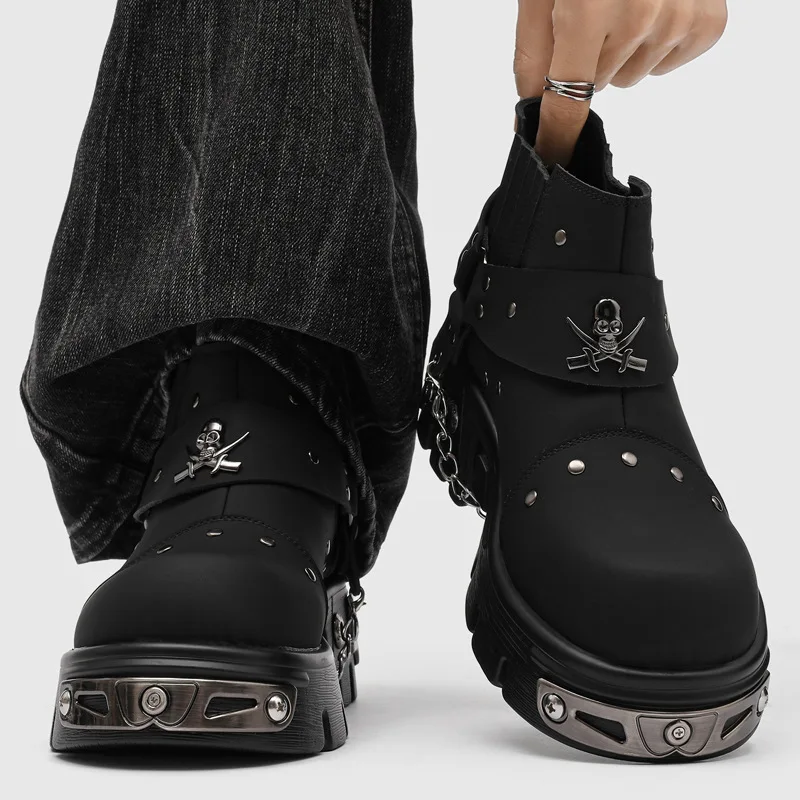 Gothic Punk Ankle Boots Men's Casual Shoes Black Platform Vintage Rock Man Motorcycle Boots Punk Style Skull Metal Chelsea Boots view 6