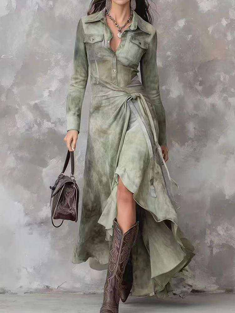 المرأة أنيقة نمط طباعة كشكش فستان طويل عادية كم طويل زر فستان الحفلات موضة التلبيب الياقة ثنيات فستان قميص سليم #6