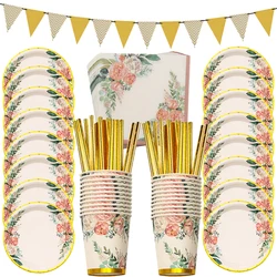 Tea Party Vintage Floral Gold Edge Pattern Disposable Tableware Set Paper Plates Cups Napkins Wedding Birthday Party Decor
