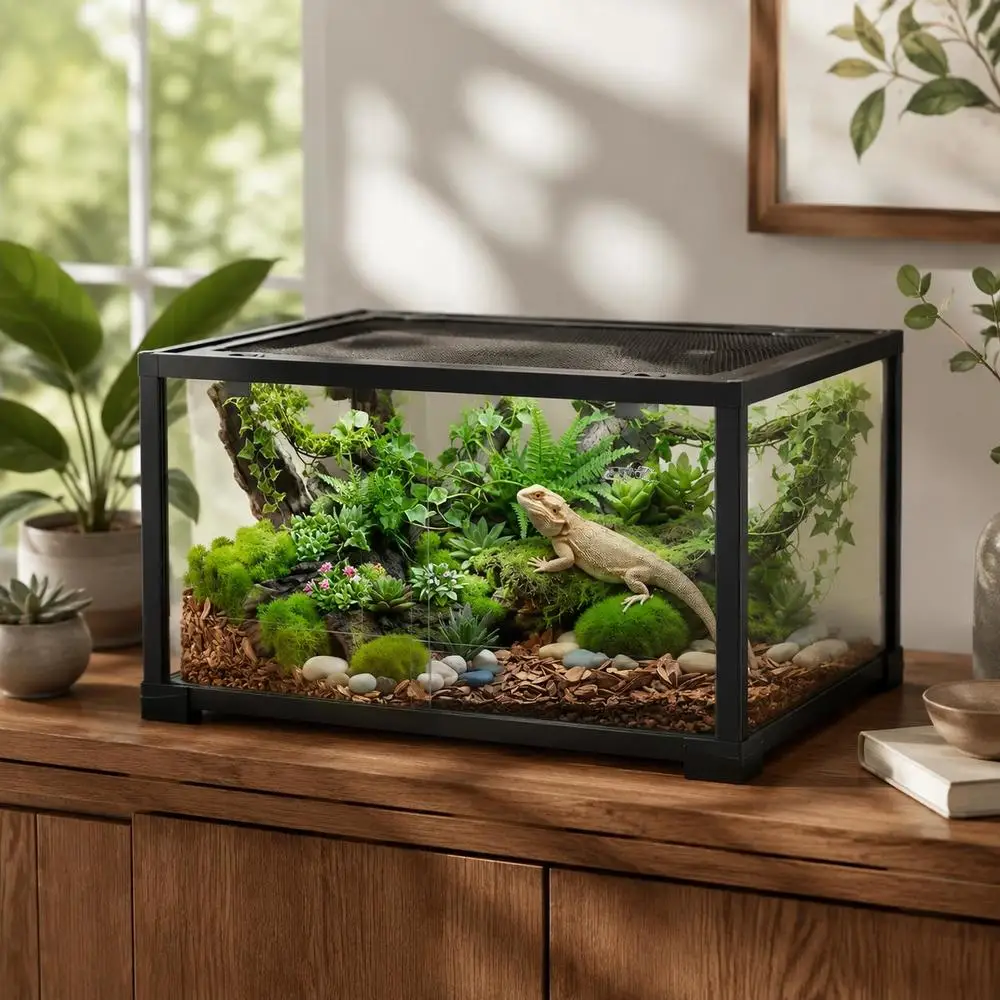 Terrarium en verre 86L pour animaux 50.8x30.5x35.6cm, aquarium pour reptiles avec ventilation supérieure, porte coulissante sécurisée pour serpent, lézard, tortue et hamster, caisse d'élevage pour petits animaux, enclos transparent noir avec accès facile et