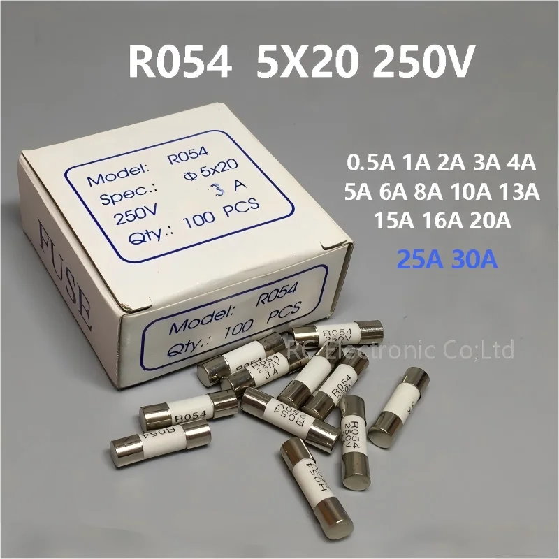 100pcs  R054 250V 5x20mm Ceramic Tube Fuse 0.5A 1A 2A 3A 4A  5A 6A 8A 10A 13A 15A 20A 25A 30A  5*20mm  RO54