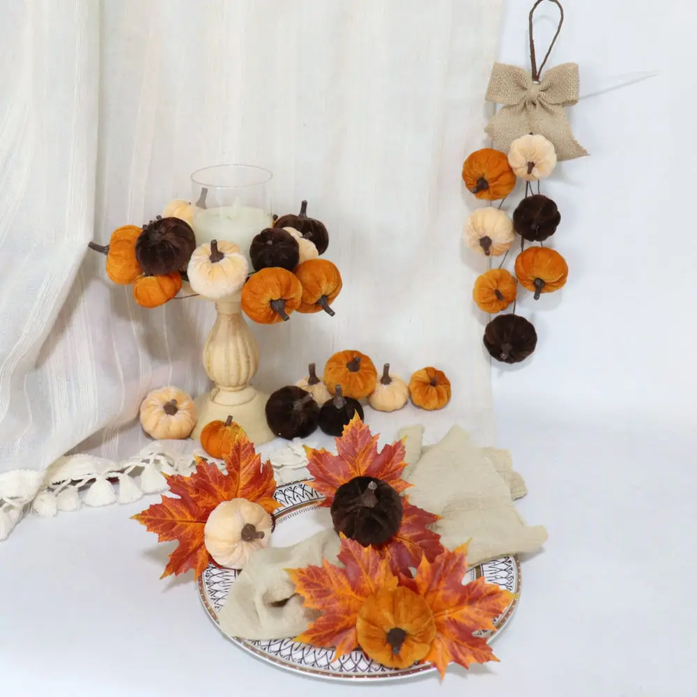 Velvet Pumpkin Napkin Rings Maple Leaf Table Decor For Wedding Party Banquet Dining Room Holiday Festive Ornament Setting