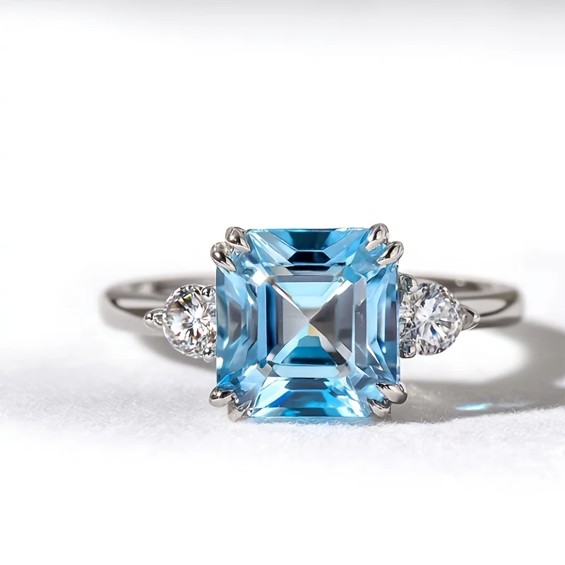 

SGARIT Asscher Cut Sky Blue Topaz Women's Ring 925 Sterling Silver Natural Gemstone Engagement Fine Jewelry Ring