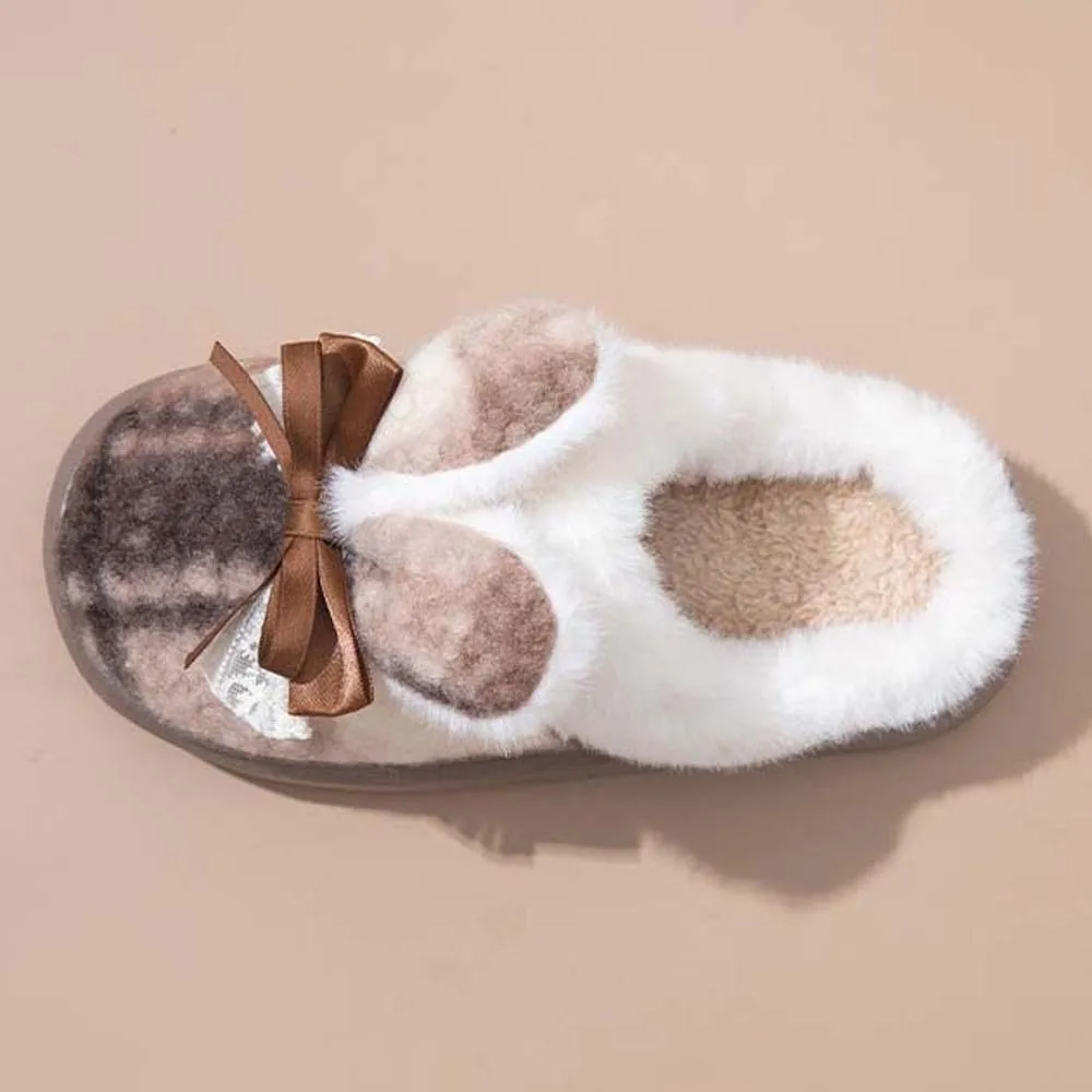 

Soft Plaid Rabbit Ear Cotton Slippers Fluffy Slides Anti-slip Winter Warmer Slippers Bow Cartoon Warm Home Cotton Shoes Party