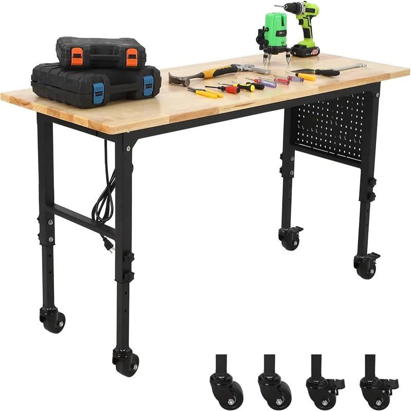 

Adjustable Height Work Benches 48inches Garage Workbench with Pegboard Hooks 4 Outlet,Heavy Duty Wood Working Table with Wheels