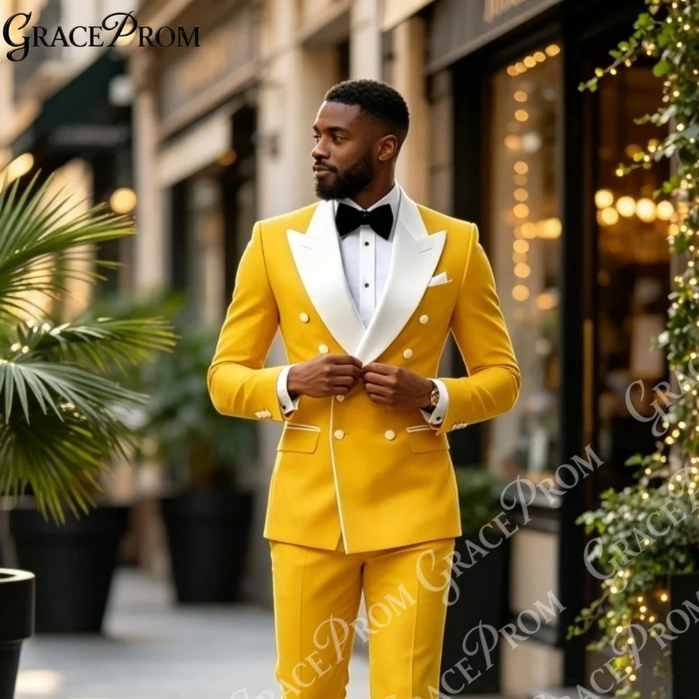 

Vibrant Men Suit 2pcs Yellow Blazer with White Peak Lapel Yellow Pants Tailored Fit for Wedding Banquet Party Tuxedo Customized