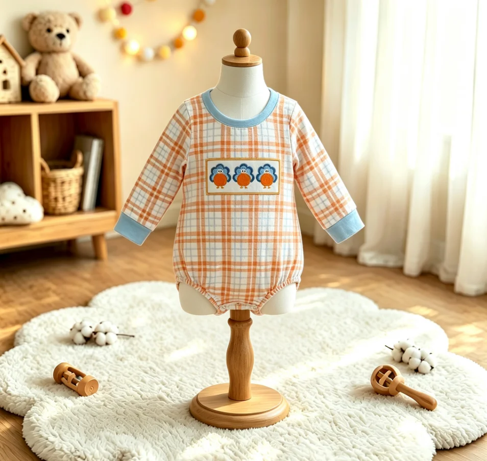 Wholesale Baby Boy Toddler Thanksgiving Kids Newborn Fall Coverall Bodysuit Children Embroidery turkey Plaid Bubble Romper