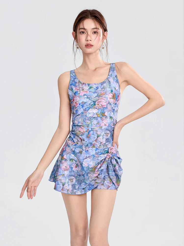 

Elegant Bohemian Style One-Piece Swimsuit Women's Thermal Skirt Design Slimming Sleeveless Cover-Up Beachwear Casual Swimwear