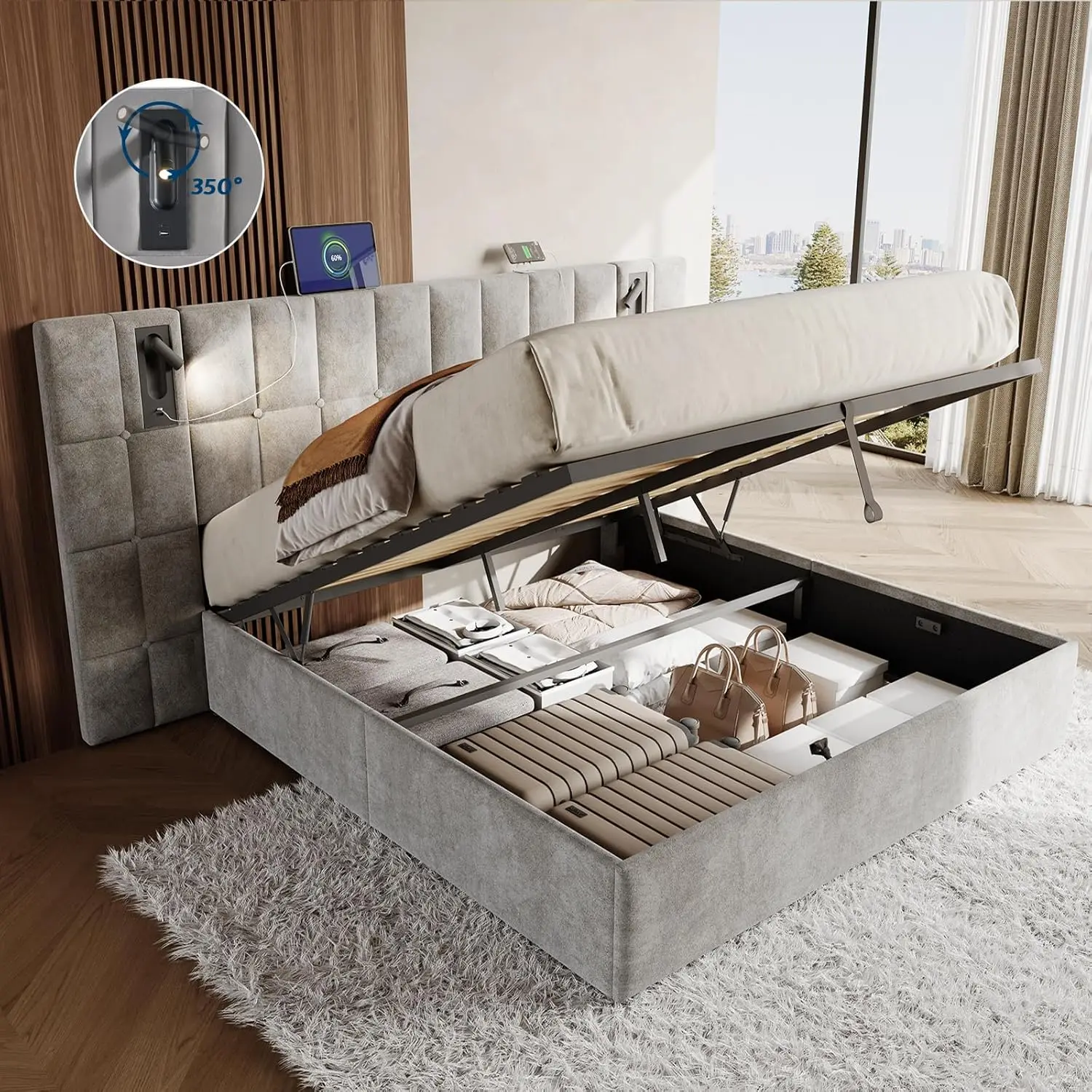 

Queen Size Upholstered Bed Frame with Widened Headboard,Lift-Up Storage Bed and Built-in Reading Light, Velvet Platfor