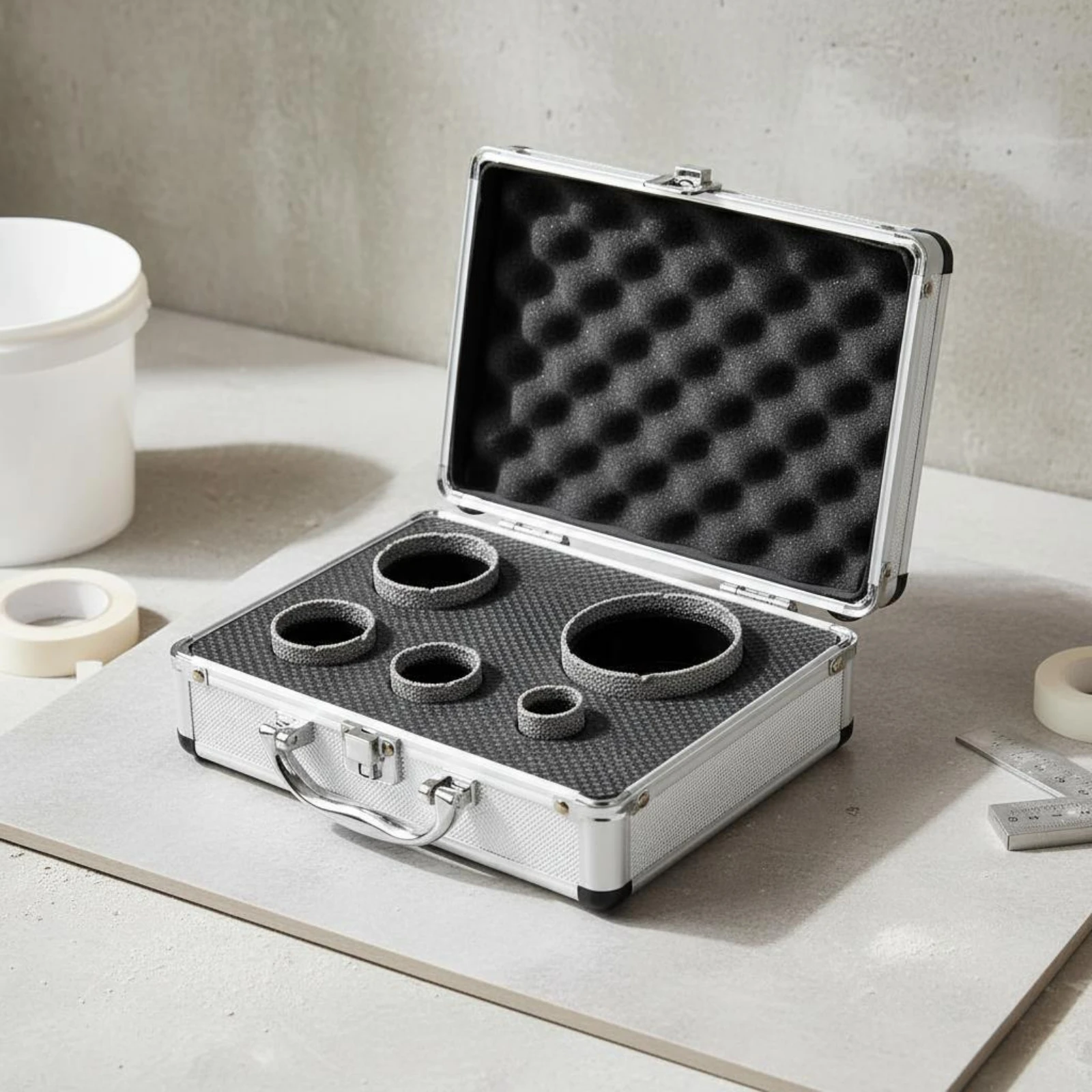 

7 Pieces M14 Hole Cutter Set Aluminum Case Diamond Hole Saw Set Diamond Center High Heat Resistance Fast Chip Removal