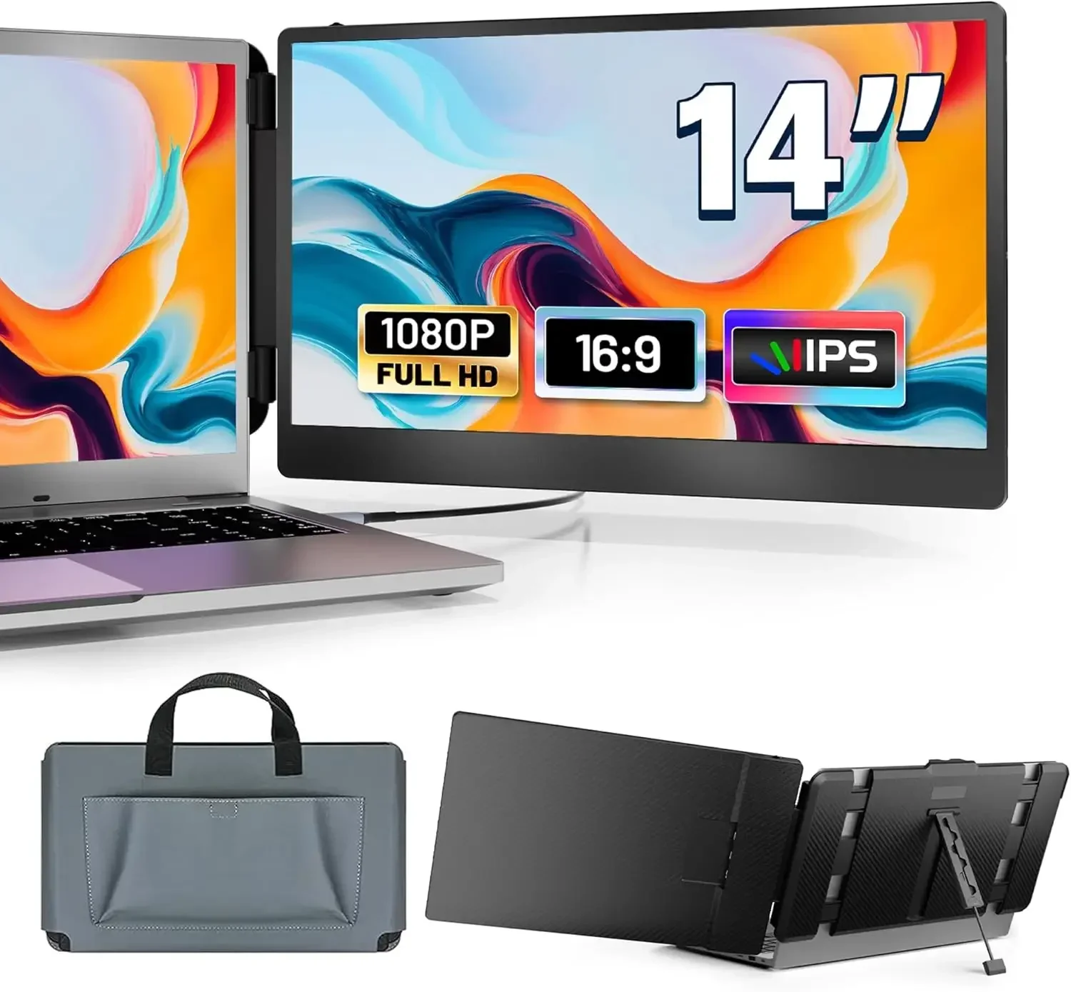 

14" Laptop Monitor Extender, FHD 1080P IPS Dual Laptop Screen Extender, HDMI/USB-A/Type-C Plug and Play for Windows, Mac, Chrome