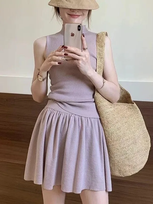 

VIBE Fashion Brand Summer New Korean Style Slim Fit Knitted Sleeveless Vest Women's Skirt Set Short Waist round Neck Two Piece