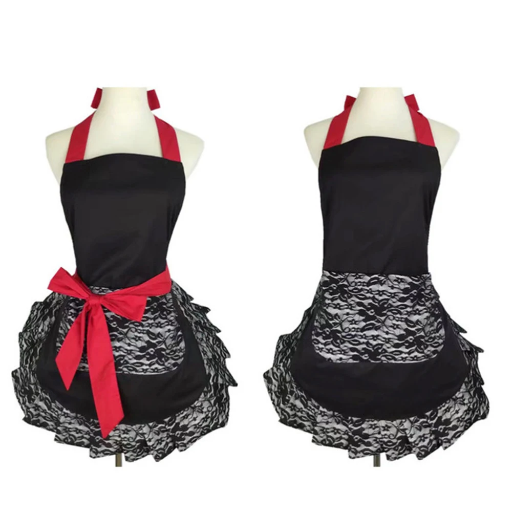 

Women'S Black Lace Apron Extra Thick Cotton Kitchen Cooking Halter Neck Sleeveless Adjustable Aprons Gift For