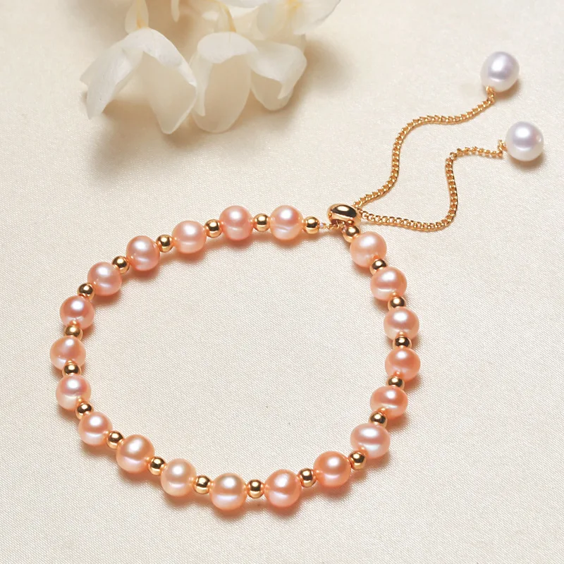 Real 18K Gold pearl Bracelet with Natural Freshwater White Pink Pearl Pure Adjustable Chain Fine Jewelry Gifts for Women image 4