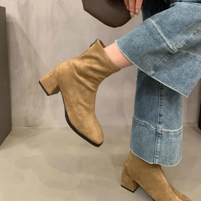 Vintage Women Slim Ankle Boots Fashion Elegant Square Toe Shoes Autumn High Heel Women\'s Short Booties