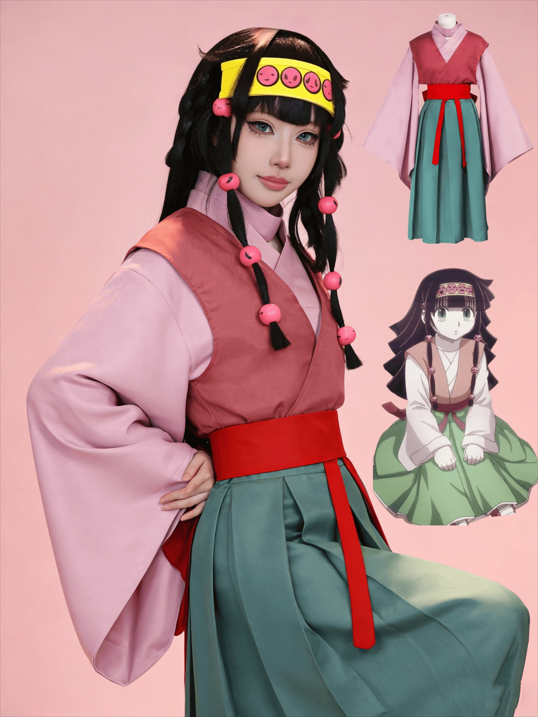 

Anime Alluka Zoldyck Cosplay Costume Pink Green fullset Japanese Kimono Wig Cos Convention Halloween Party Women Cos Dressing