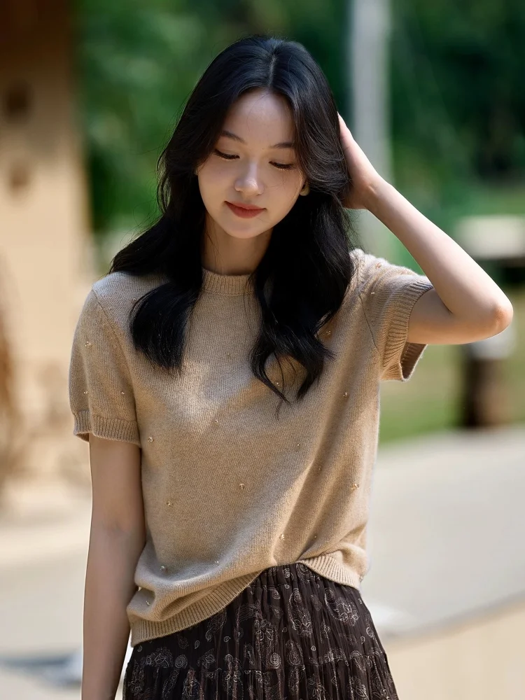 Birdtree, 90% Sheep Wool 10% Cashmere Sweater, Short Sleeve O-neck Top, Women Knitted Beading Knitwear, 2026 Autumn New T67032JF