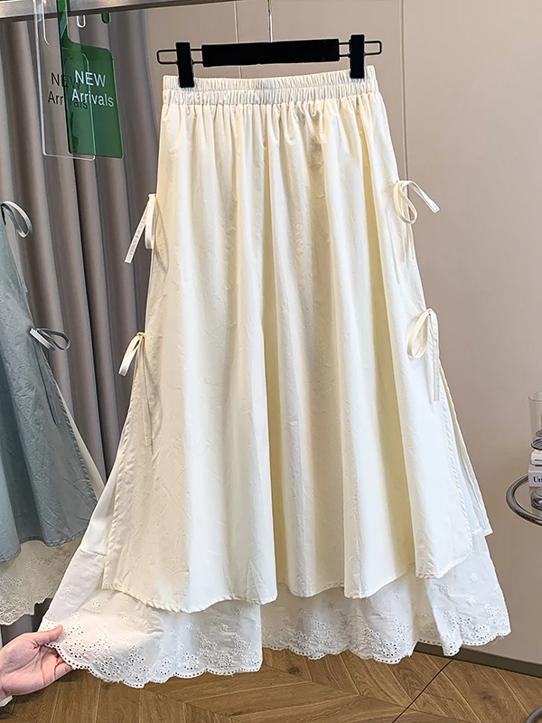 Light Blue 3D  Knot Half Skirt Lace Hem Fake Two-Piece Skirt High Waist Korean Style Daily Wear Loose Fit A-Line Skirt
