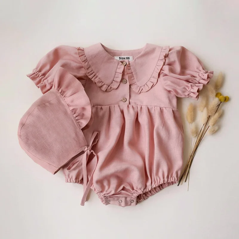 

New Summer Newborn Girl Rompers Solid Color Cotton Linen Jumpsuit + Hat 2Pcs Baby Girl Clothes