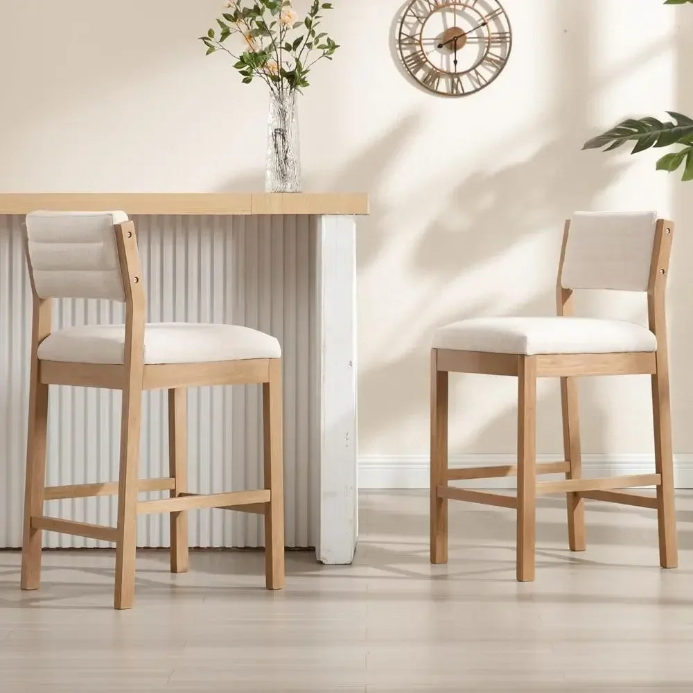 Set of 2 Upholstered Counter Height Bar Stools with Backrest and Wood Legs, Beige Linen for Kitchen Island