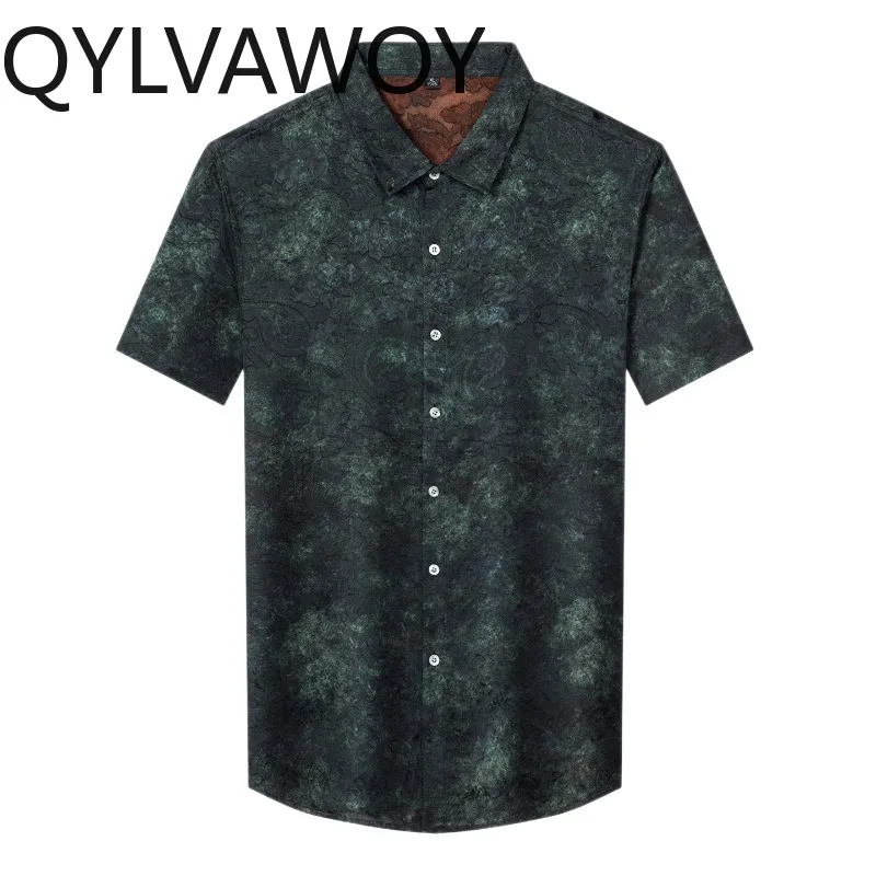 QYLVAWOY 100% Mulberry Silk Men's Shirts Xiangyunsha Shirt Summer Shirts for Man Printed Short Sleeve Tops Menswear Clothing New