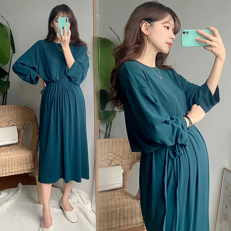 Korean Style Solid Color Maternity Chiffon Dress Long Sleeve Drawstring Waist Pregnant Woman Chiffon Dress Pregnancy Clothes