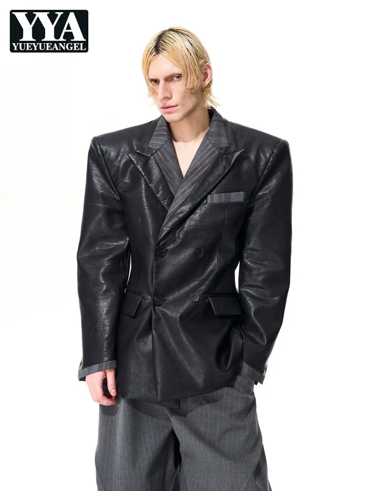 

Мужские двойные черные пиджаки из искусственной кожи, двубортный приталенный пиджак, осень-зима, крутая стильная верхняя одежда, повседневное пальто