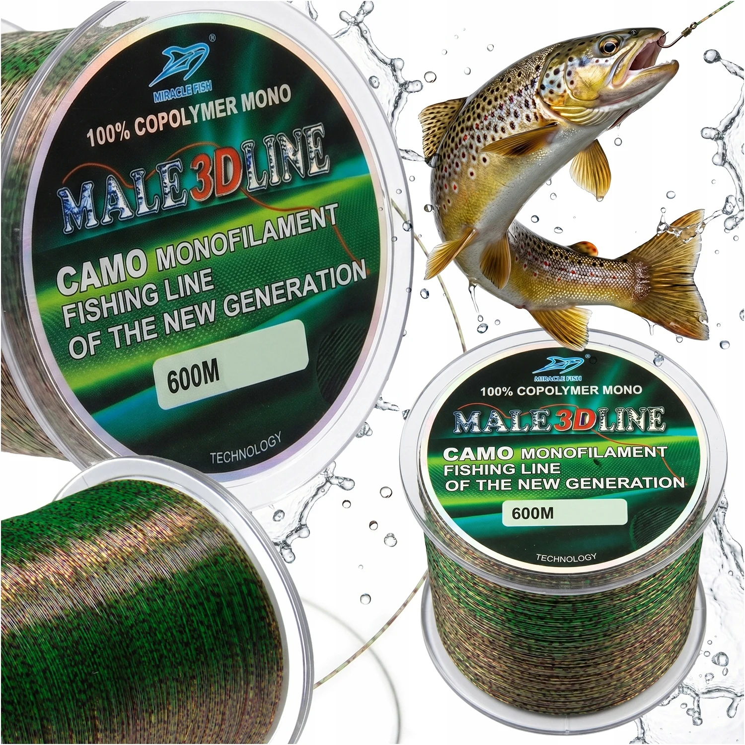 Vislijn 3D Line Camo 600m 0,14mm Chameleon Camouflage, Zinkende Monofilamentlijn met 3D Onderwater Effect, 4,45kg Sterkte, Slijtvast Feeder Float Ground Main Leader Line voor Grofvisserij, Zoetwater
