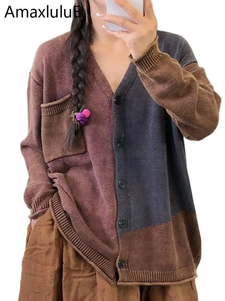 

Amax LuluE 2025 Winter Korean Cardigans Women Vintage Classic Loose Patchwork V-neck Sweaters Ladies Punk Casual Cotton Knitwear