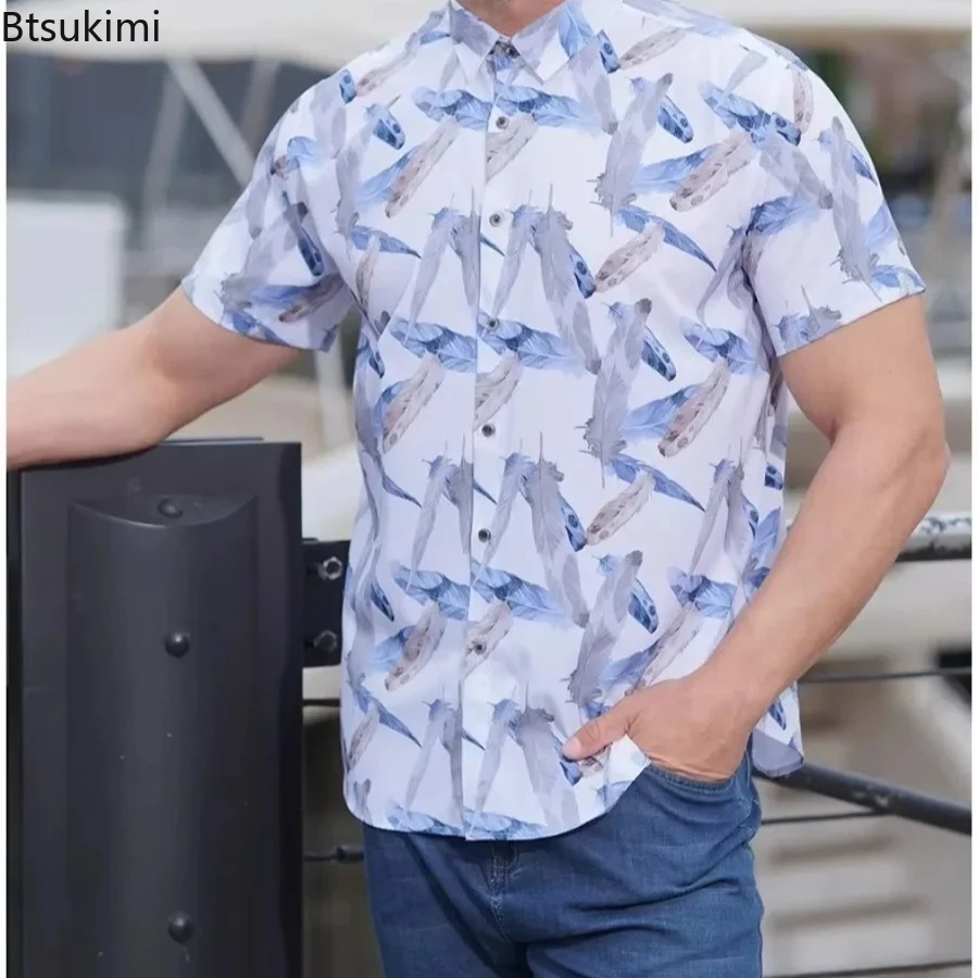 

2025 мужские летние повседневные рубашки с короткими рукавами и принтом, модные рубашки большого размера в пляжном стиле, топы для мужчин, эластичные свободные рубашки для мужчин