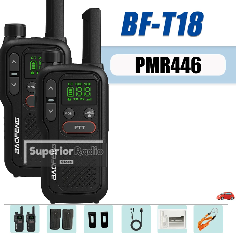 Baofeng BF-T18 جهاز اتصال لاسلكي صغير PMR446 طويل المدى قابل لإعادة الشحن 446 ميجا هرتز دعم نوع-C مصباح يدوي 16CH للتخييم راديو اتجاهين