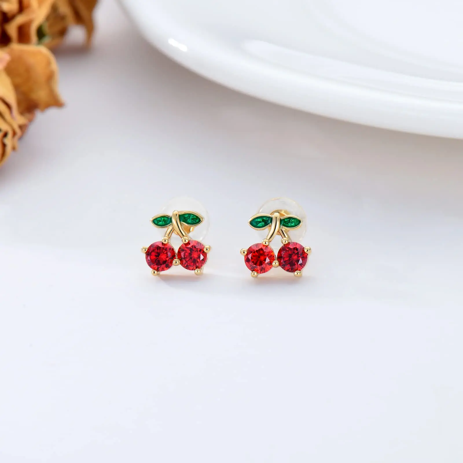 YFN 14K Real Gold Cherry Stud Earrings for Women Girl Yellow Gold Red Garnet Earrings Green Leaf Red Cherry Earrings Jewerly